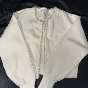 House of Harlow 1960 White Pearl-Trimmed Cardigan
